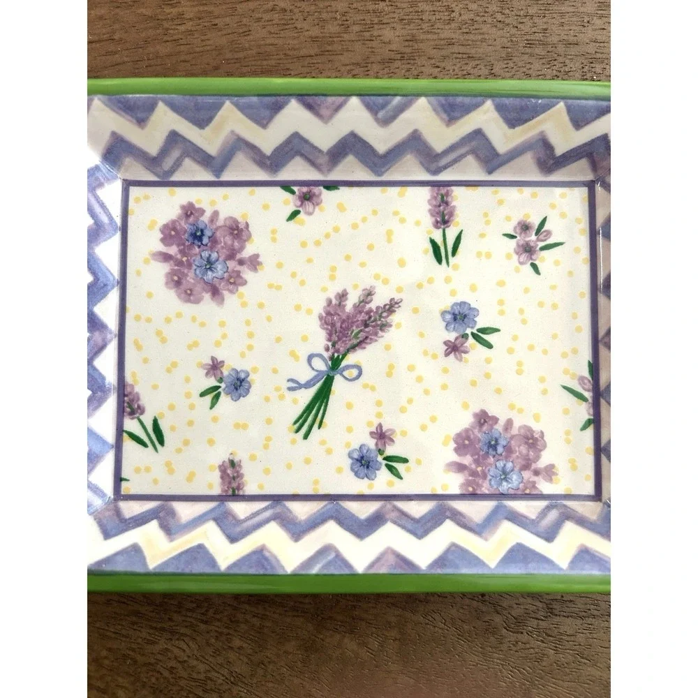 MacKenzie-Childs Trinket Tray Lavender Floral Zig Zag Ceramic Vanity Catchall
